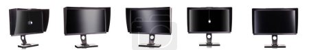Professional photographer monitor with shading hood and calibrator isolated on white background with clipping path