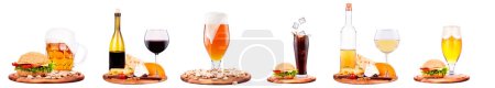 A variety of drinks including beer, wine, soda, and cocktails served with burgers and snacks isolated on a white background.