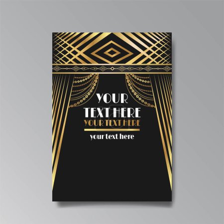 Plantilla de lujo Modern Art Nuevo dorado-negro, página A4, menú, tarjeta, invitación, líneas de flores y luces de la ciudad