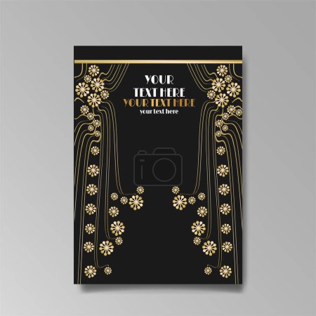Art Nuevo Luxusschablone gold-schwarz, DIN A4 Seite, Menü, Karte, Einladung, Linien Blumen und Stadtbeleuchtung ein moderner, Art Novo / Deco Stil, romantisches florales Motiv, eleganter geometrisch schöner Hintergrund
