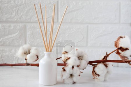 Foto de El difusor de caña de aroma con el perfume stick está decorado en la habitación idea de diseño minimalista con flores de algodón - Imagen libre de derechos