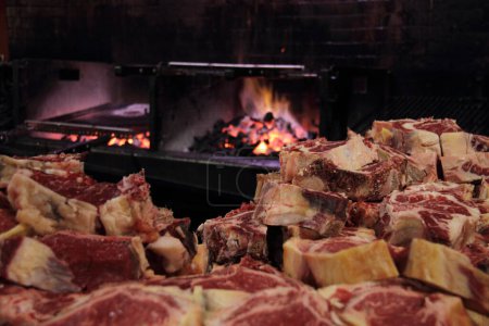Photo for Typical sidreria in basque country in Spain, chuleton meat traditional food in cider house - Royalty Free Image