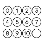 Outlines set of circle icon with numbers 0 to 10 inside on white background.