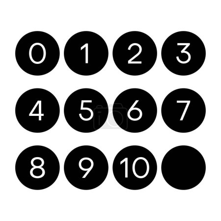 Einfaches Set schwarzer Kreis mit Zahlen von 0 bis 10 innen. Vektorabbildung auf weißem Hintergrund