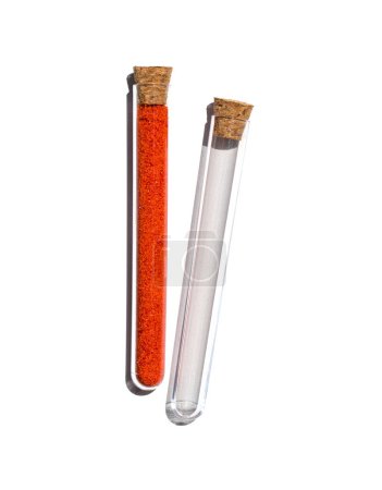 Photo for Potassium Ferricyanide in test tube with cork cap. Chemical ingredient on laboratory table. Top View - Royalty Free Image