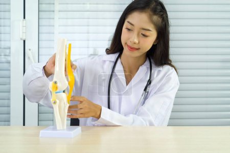 Photo for Young asian doctor in white gown and stethoscope pointing at anterior cruciate ligament on deluxe functional knee joint model. - Royalty Free Image