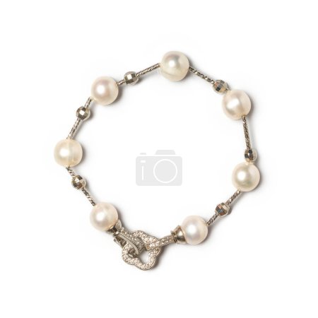 Photo for Freshwater pearl bracelet with platinum hook and diamonds on white background. Collection of luxury jewelry accessories. Studio shot - Royalty Free Image