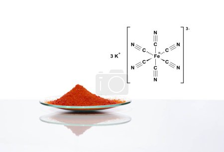 Photo for Closeup chemical ingredient on white laboratory table. Potassium Ferricyanide in chemical watch glass with molecular structure. Side View - Royalty Free Image
