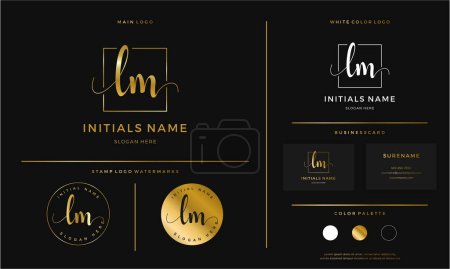 goldener Anfangsbuchstabe LM Buchstabe L M Handschrift Logo Designlinie quadratisch. Feminine Branding Template Vektor auf Goldfarbe