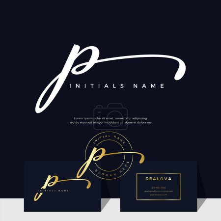 Foto de Letra de escritura inicial elegante simple P en color oro. Logotipo vector de lujo con plantilla de tarjeta de visita - Imagen libre de derechos