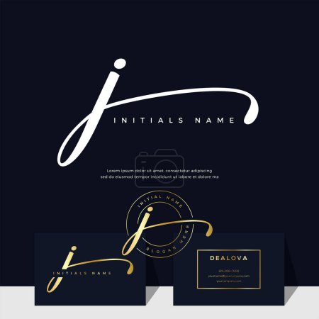 Foto de Letra de escritura inicial elegante simple J en color oro. Logotipo vector de lujo con plantilla de tarjeta de visita - Imagen libre de derechos