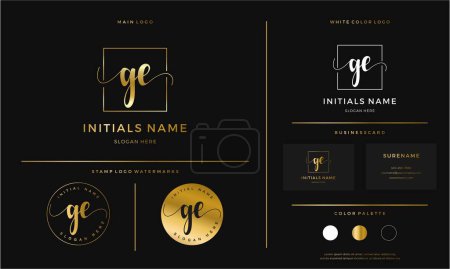 Foto de Golden Initial GE letra G E letra diseño logo línea cuadrada. Vector de plantilla de marca femenina en color oro - Imagen libre de derechos