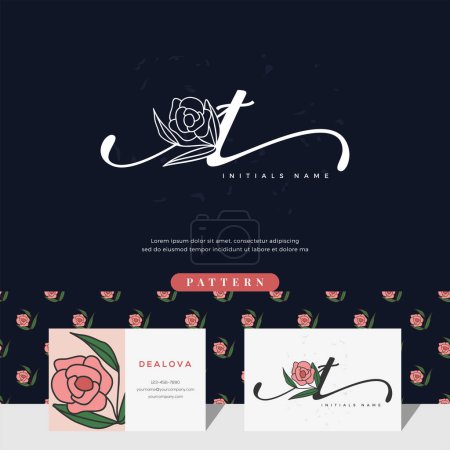 Foto de Letra letra letra T logotipo diseño con rosa para la belleza o botánica. Plantilla vectorial estilo femenino - Imagen libre de derechos