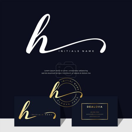 Foto de Simple letra de escritura inicial elegante H en color oro. Logotipo vector de lujo con plantilla de tarjeta de visita - Imagen libre de derechos