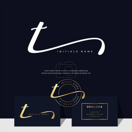 Foto de Simple letra de escritura inicial elegante T en color oro. Logotipo vector de lujo con plantilla de tarjeta de visita - Imagen libre de derechos