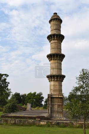 Photo for Ek Minar ki Masjid  single minaret mosque, side view, stone carvings details, built by Bahadur Shah  A UNESCO World Heritage Site, Champaner, Gujarat,  India - Royalty Free Image