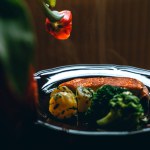 Food photography of salmon and tulips