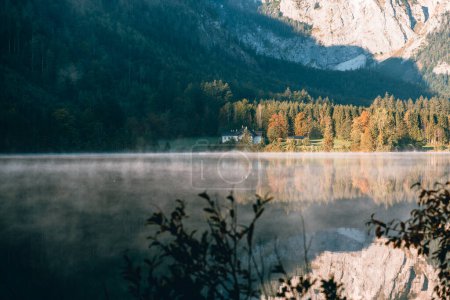 Téléchargez les photos : Un paysage matinal serein avec une eau calme reflétant la beauté de la nature. - en image libre de droit