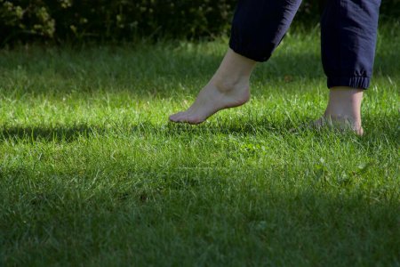 Téléchargez les photos : Image de pieds femelles nus debout sur de l'herbe fraîche humide un pied levé faisant un pas vers l'avant vue latérale - en image libre de droit