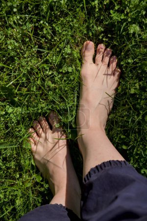 Téléchargez les photos : Image de pieds femelles nus debout sur de l'herbe fraîche humide vue de dessus gros plan - en image libre de droit