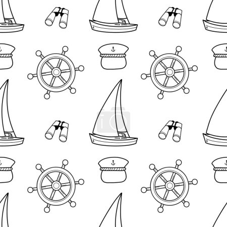 Illustration for Vector contur seamless pattern on the theme of sea cruise rudder, sail, binoculars - Royalty Free Image