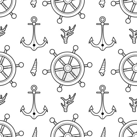 Illustration for Vector contur seamless pattern on the theme of sea cruise rudder, anchor, coral - Royalty Free Image