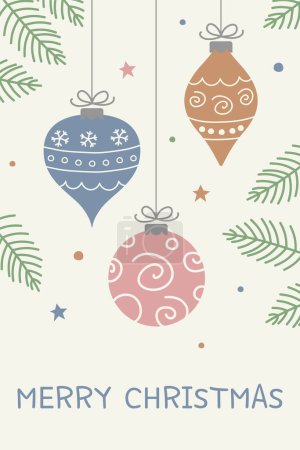 Téléchargez les illustrations : Des boules de Noël suspendues. Carte de voeux avec voeux. Illustration vectorielle - en licence libre de droit