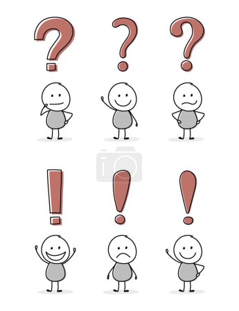 Collection of funny stickman with question mark and exclamation mark symbol. Icon set. Vector
