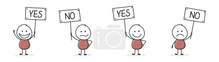 Illustration for Cartoon stickmen with text on a board - yes and no. Vector - Royalty Free Image