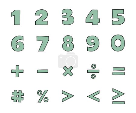 Ilustración de Hand drawn latin alphabet numbers from 0 to 9 and mathematical symbols. Cartoon style icons. Vector illustration - Imagen libre de derechos