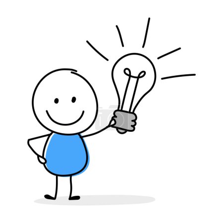 Téléchargez les illustrations : Hand drawn bulb - idea symbol. Funny concept with a stickman holding icon. Cartoon style design. Vector illustration - en licence libre de droit