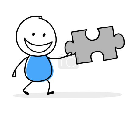 Téléchargez les illustrations : Funny cartoon stickman holding puzzle icon. Hand drawn design for a business presentation. Vector illustration - en licence libre de droit