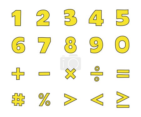 Illustration for Hand drawn latin alphabet numbers from 0 to 9 and mathematical symbols. Cartoon style icons. Vector illustration - Royalty Free Image