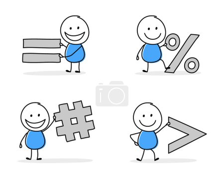 Illustration for Hand drawn stickman holding equal, more, percent, hash symbols. Design of a cartoon icon set for business presentation. Vector illustration - Royalty Free Image