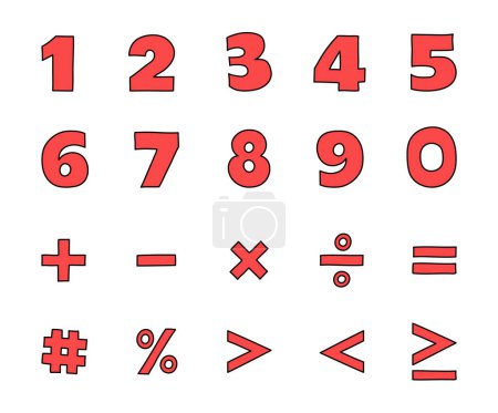 Illustration for Collection of numbers from 0 to 9 and mathematical symbols. Hand drawn icons. Vector illustration - Royalty Free Image