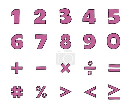 Téléchargez les illustrations : Collection of hand drawn icon set. Latin alphabet numbers from 0 to 9 and mathematical symbols. Cartoon style design for a business presentation. Vector illustration - en licence libre de droit