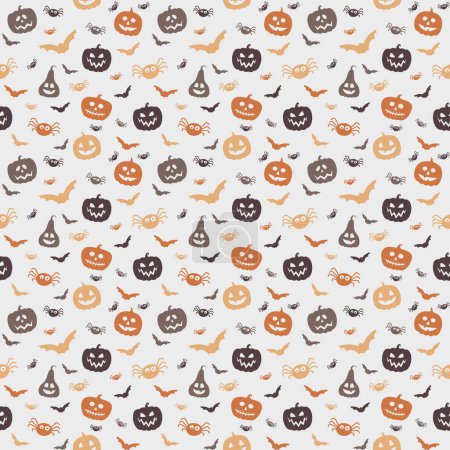 Background with funny pumpkin lanterns, bats and spiders. Halloween seamless pattern. Vector