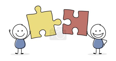 Lustiges Teamwork-Konzept. Strichmännchen mit Puzzle. Vektor