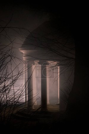 Folie aux colonnes blanches illuminées la nuit dans les bois brumeux