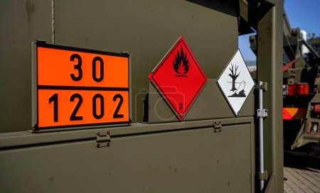 Entzündlich und gefährlich - Gefährlicher mariner Schadstoff - Schild auf braungrüner Metallseite von Armeebenzin oder Tankfahrzeug