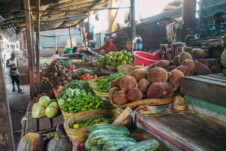 Foto de Toliara, Madagascar - 01 de mayo de 2019: Mercado callejero típico malgache - verduras locales en exhibición en chozas simples, frutas de baobab marrón en primer plano - Imagen libre de derechos
