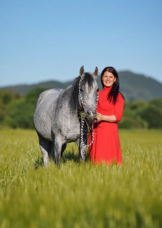 Téléchargez les photos : Femme aux cheveux foncés et robe rouge vif marchant son cheval gris arabe dans un champ vert le jour ensoleillé, souriant comme un animal mange de l'herbe - en image libre de droit