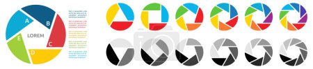 Ilustración de Círculo dividido en tres a nueve segmentos del mismo tamaño, formando polígono en el centro - diferentes colores y versión gris. Se puede utilizar como elemento de infografía - Imagen libre de derechos