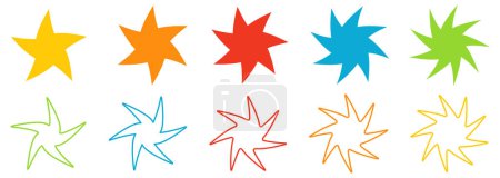 Téléchargez les illustrations : Étoile avec pointes déformées, légèrement torsadées, version avec cinq à neuf points - en licence libre de droit