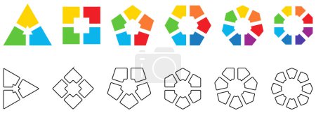 Ilustración de Polígonos divididos en partes iguales, espacio vacío en el centro. Versión con tres a ocho segmentos, blanco negro y color también con esquinas redondeadas, elemento de infografía simple - Imagen libre de derechos