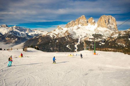 View of a ski resort around Sela mountain, Selaronda, Dolomites, Italy