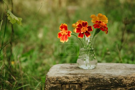 bouquet of orange marigolds on gray wooden table on natural green background, place for text