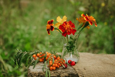 a bouquet of orange marigolds, healthy sea buckthorn berries and rose hips on a gray wooden table on a natural green background