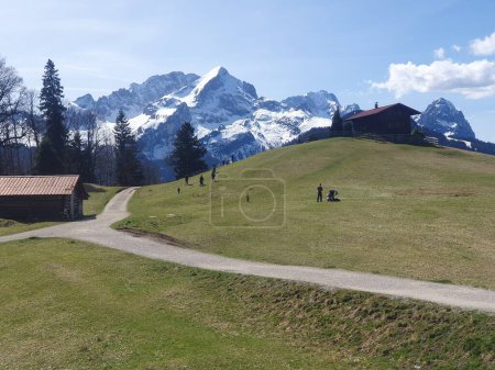 Landscape panorama view Eckbauer Alm mountain meadow near Garmisch