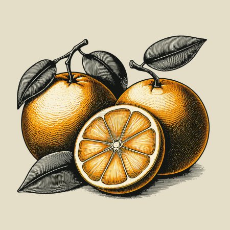 Hand drawn sketch style orange fruit set. Whole, halved and sliced oranges.
